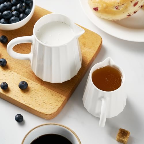 Gurygo 2 Pack 9 Oz Classic Ceramic White Creamer with Handle - Small Creamer Pitcher Set - Fine Porcelain Wave Shaped Small Milk Pitcher for Coffee Milk, Containers for household or kitchen use - Image 5