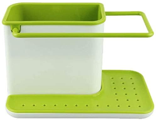 VKPSN Kitchen Sink Organiser 3 in 1 Dish Washer Drainer Wall Mounted Stand Green and Ceramic Colour with Sponge Cloths and SOAP Holder - Image 1