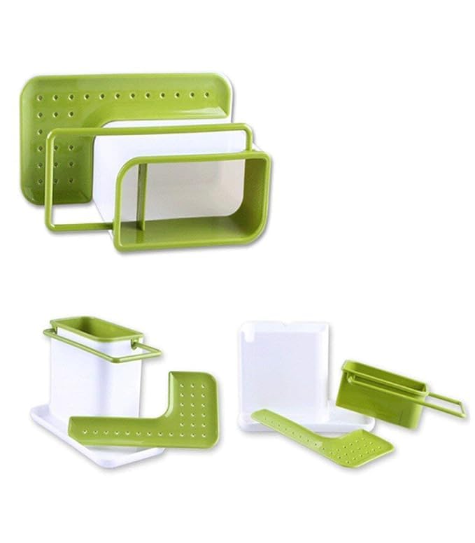 VKPSN Kitchen Sink Organiser 3 in 1 Dish Washer Drainer Wall Mounted Stand Green and Ceramic Colour with Sponge Cloths and SOAP Holder - Image 3