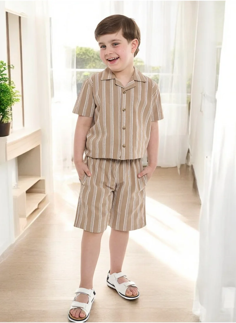 victor and jane Victor and Jane Boys' Casual Cotton Shirt & Shorts Set – Short Sleeve Outfit - Beige