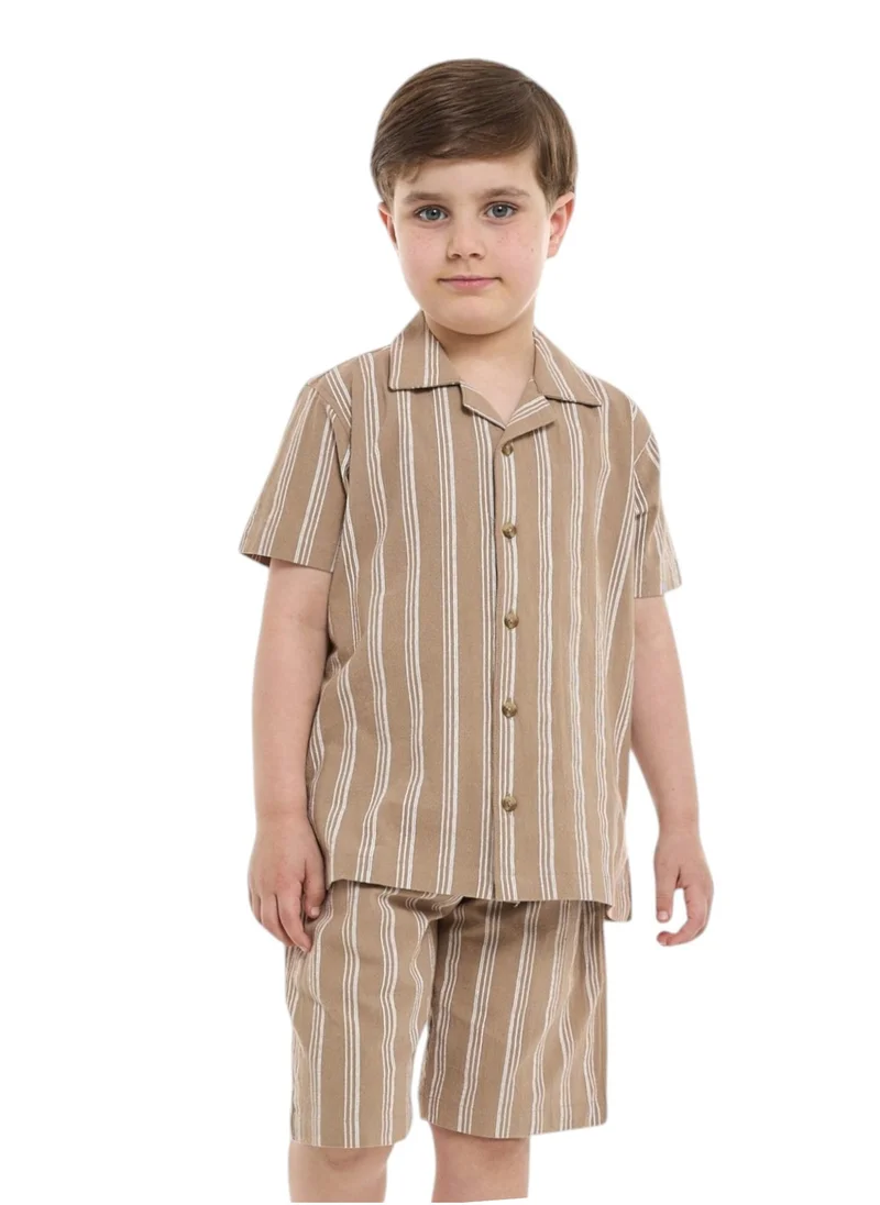 victor and jane Victor and Jane Boys' Casual Cotton Shirt & Shorts Set – Short Sleeve Outfit - Beige
