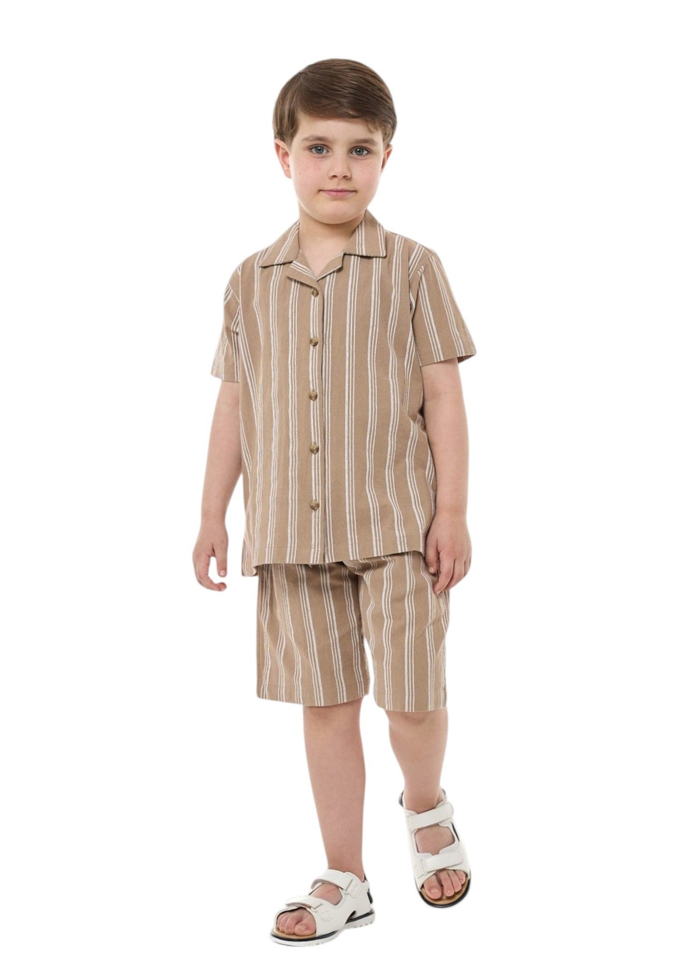 Victor and Jane Boys' Casual Cotton Shirt & Shorts Set – Short Sleeve Outfit - Beige