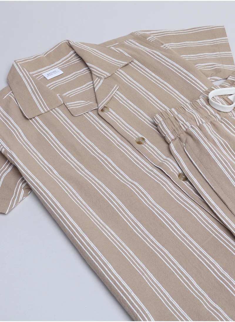 victor and jane Victor and Jane Boys' Casual Cotton Shirt & Shorts Set – Short Sleeve Outfit - Beige