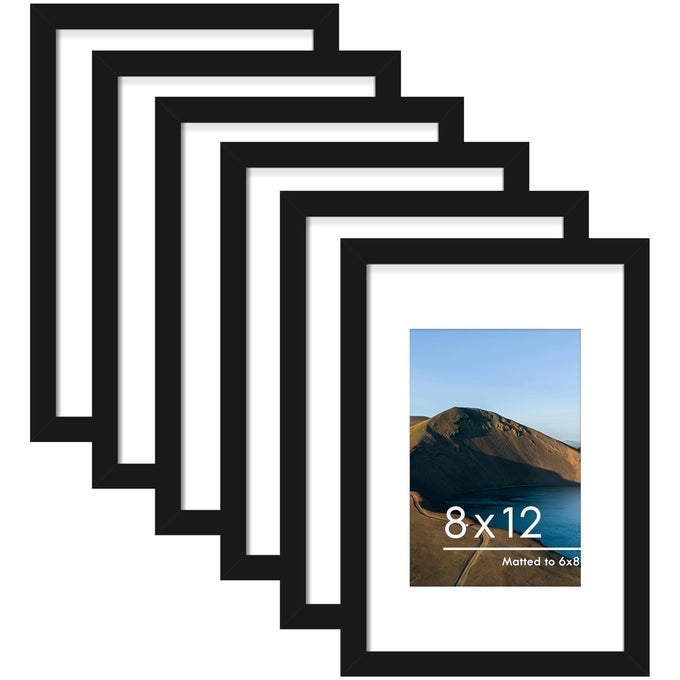 8X12 PICTURE FRAME SET OF 6 DISPLAY PICTURES 6 X 8 WITH MAT OR 8 X 12 WITHOUT MAT FOR WALL MOUNTING OR TABLE TOP DISPLAY PHOTO FRAMES COLLAGE FOR WALL DECOR BLACK