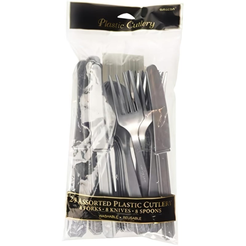 Amscan Assorted Silver Plastic Cutlery (Pack of 24) - Elegant  Durable & Disposable Party Supplies for Every Occasion - Image 2