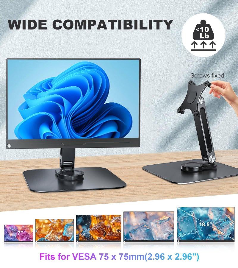 JUNEBOX Portable Monitor Stand VESA 75x75mm Holes M4 Anti-Loss Screws, Aluminum Alloy Base, Fits 7"- 18", 15.6" 16" 17" 17.3" 18" Inch Small Monitors Lay Flat, Black Desk Mount (Not Fits100x100mm) - Image 2