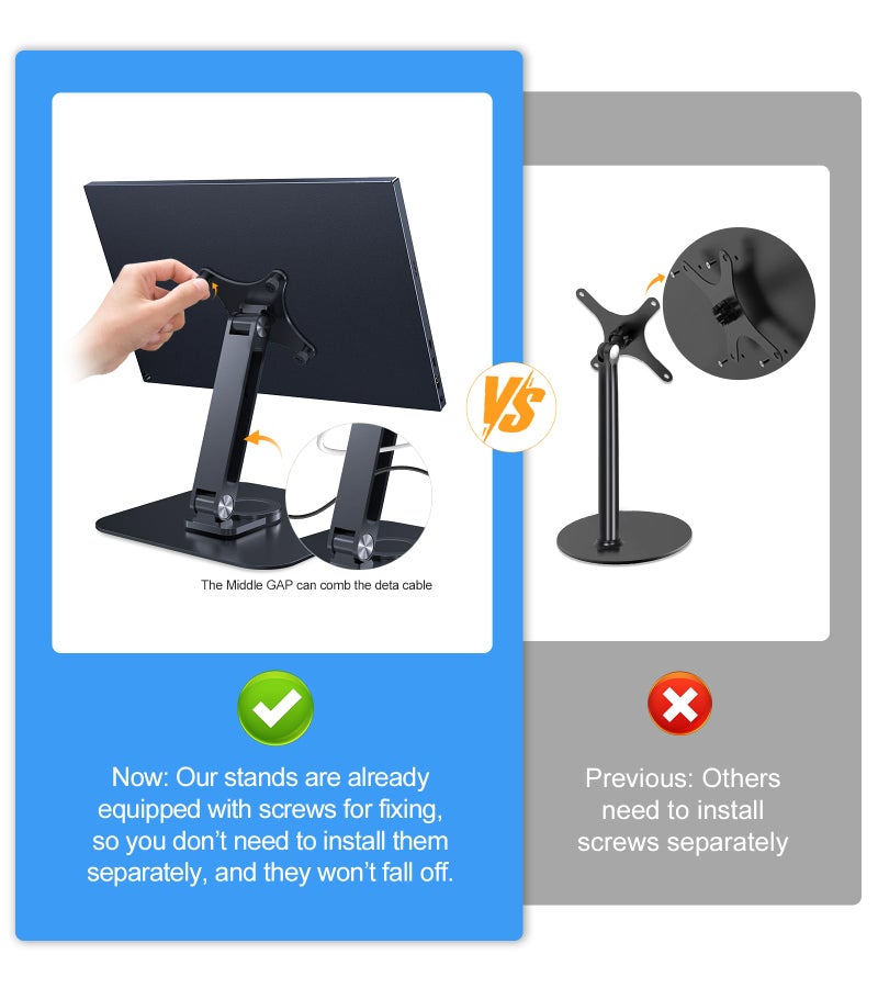 JUNEBOX Portable Monitor Stand VESA 75x75mm Holes M4 Anti-Loss Screws, Aluminum Alloy Base, Fits 7"- 18", 15.6" 16" 17" 17.3" 18" Inch Small Monitors Lay Flat, Black Desk Mount (Not Fits100x100mm) - Image 5