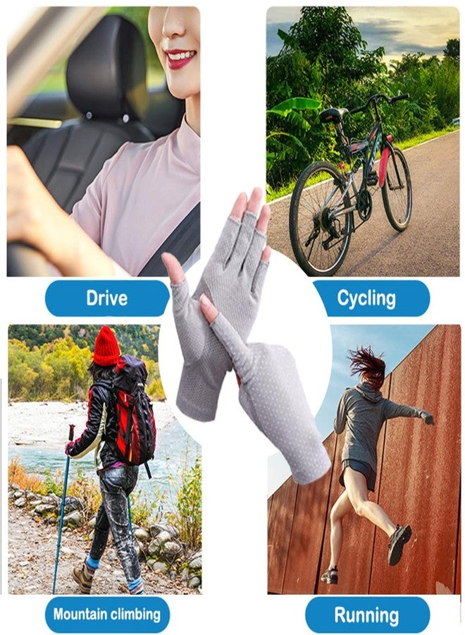 إيوهاك قفازات قيادة نسائية من إيوهاك، حماية من أشعة الشمس فوق البنفسجية، قفازات صيفية خارجية للمشي لمسافات طويلة، عامل حماية من الشمس 50+، قفازات نصف أصبع تعمل باللمس (رمادي، مقاس واحد) - Image 4