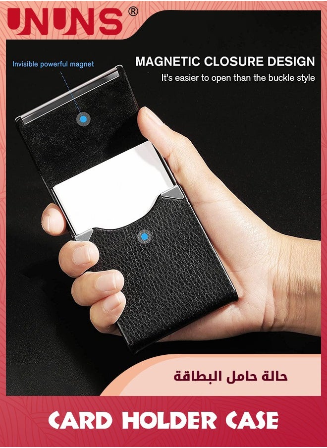 UNUNS - Business Card Holder Case,PU Leather ID Card Holder With Magnetic Clasp,Fashion Professional Metal Pocket Card Organizer,Magnetic Suction Business Card Wallet,Best Gift For Men Women,Black - Image 1