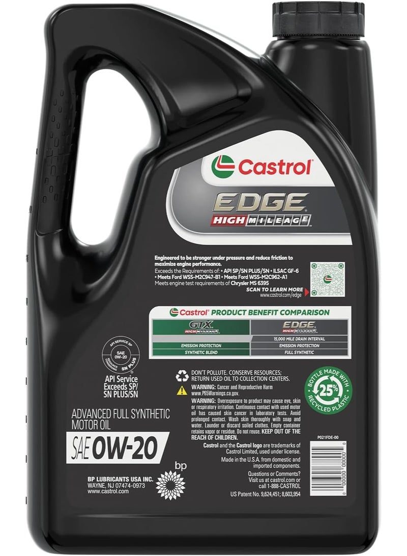 Castrol Edge High Mileage 0W-20 Advanced Full Synthetic Motor Oil, 5 Quarts - Image 3