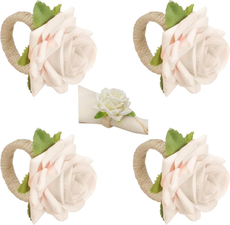 4-Pack White Rose Flower Napkin Rings â€“ Elegant Handcrafted Floral Napkin Holders, Table DÃ©cor for Weddings, Christmas, Birthday Parties, and Banquets (White, Small)