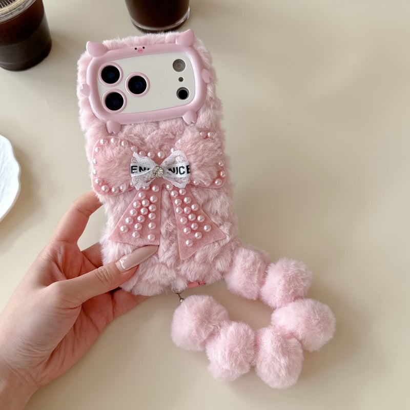 غطاء هاتف iPhone 11 ناعم ثلاثي الألوان بتصميم أبعاد ثلاثية مع لؤلؤة وقوس، وردي، سيليكون - Image 4