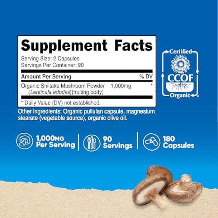 Nutricost Organic Shiitake Mushroom Capsules 1000mg, 90 Servings - CCOF Certified Made with Organic, Vegetarian, Gluten Free, 500mg Per Capsule, 180 Capsules - Image 2