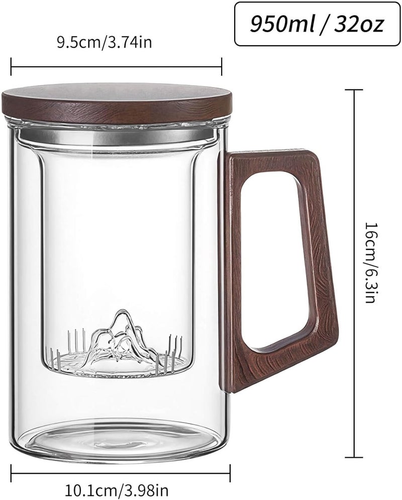 Unbreakable - Glass Tea Cup with Infuser and Lid, 950ML / 32oz Large Borosilicate Tea Mug with Wooden Handle and Lid, Heat Resistant Glass Tea Cup for Loose Leaf Tea, Home Office Use - Image 2