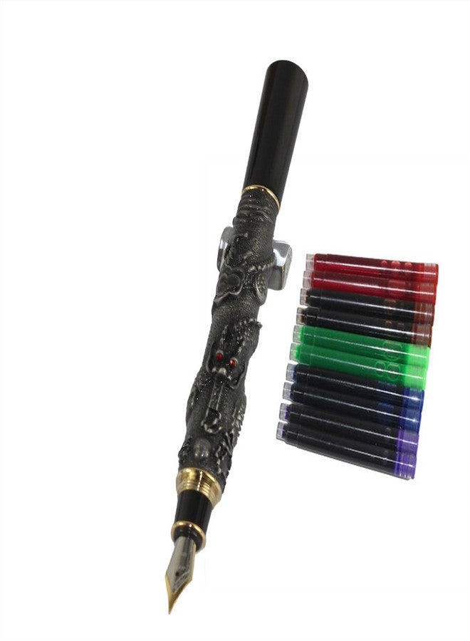Gullor Chinese Dragon Antique Silver Basso-relievo Fountain Pen with Original pen box and 5 color Ink Cartridges - Image 3