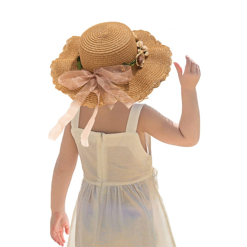 Kunyeah Kids Girl Summer Straw Hat Foldable Wide Brim Cap Sun Visor Hats Sun Protection Beach Straw Hats Bowknot Floppy Cap for Travel Holiday (Floral) - Image 1