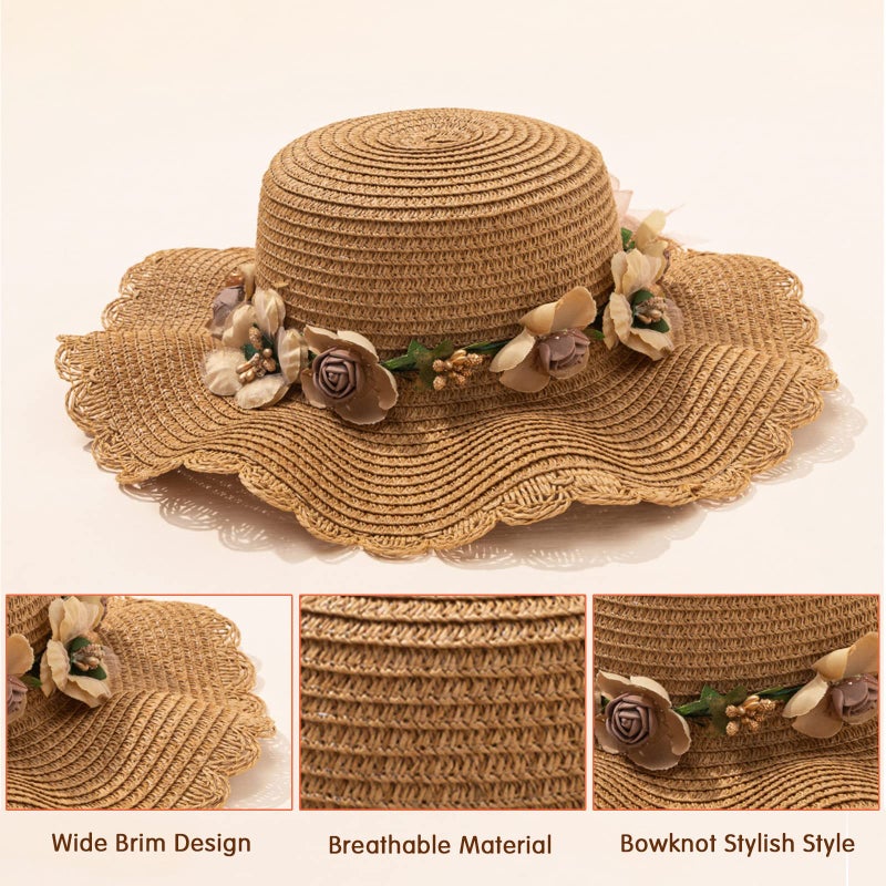 Kunyeah Kids Girl Summer Straw Hat Foldable Wide Brim Cap Sun Visor Hats Sun Protection Beach Straw Hats Bowknot Floppy Cap for Travel Holiday (Floral) - Image 4