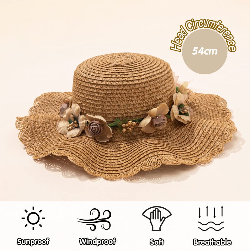Kunyeah Kids Girl Summer Straw Hat Foldable Wide Brim Cap Sun Visor Hats Sun Protection Beach Straw Hats Bowknot Floppy Cap for Travel Holiday (Floral) - Image 5
