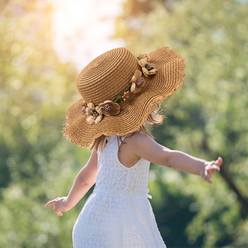 Kunyeah Kids Girl Summer Straw Hat Foldable Wide Brim Cap Sun Visor Hats Sun Protection Beach Straw Hats Bowknot Floppy Cap for Travel Holiday (Floral) - Image 3