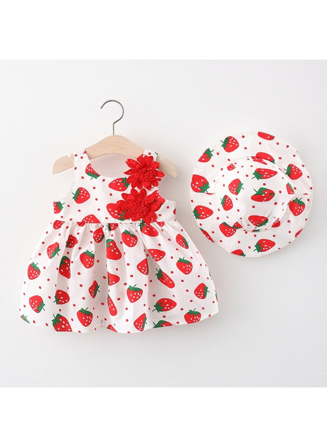 MiniMe Baby Girls’ Strawberry Print Sundress & Hat Set | Cotton | 12 Months | White & Red | Lightweight & Breathable | Flower Appliqué | Perfect for Summer Photos, Birthdays & Outdoor Play - Image 2