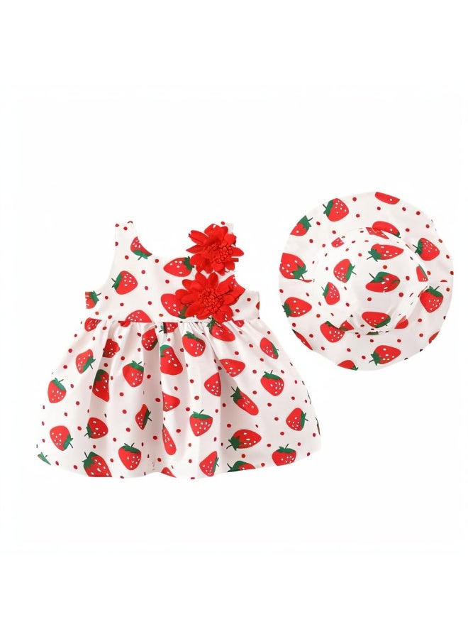 MiniMe Baby Girls’ Strawberry Print Sundress & Hat Set | Cotton | 12 Months | White & Red | Lightweight & Breathable | Flower Appliqué | Perfect for Summer Photos, Birthdays & Outdoor Play - Image 1