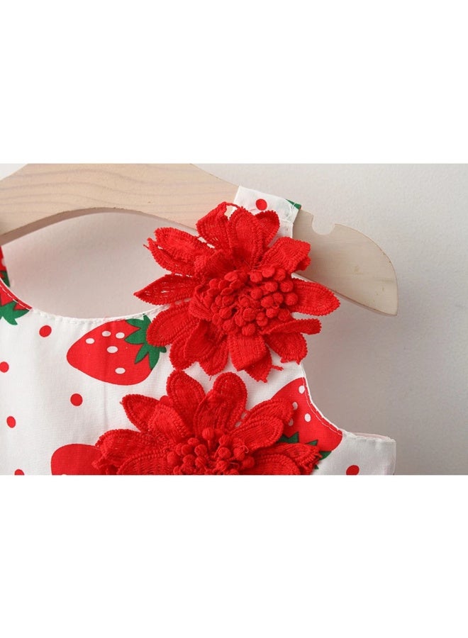 MiniMe Baby Girls’ Strawberry Print Sundress & Hat Set | Cotton | 12 Months | White & Red | Lightweight & Breathable | Flower Appliqué | Perfect for Summer Photos, Birthdays & Outdoor Play - Image 4