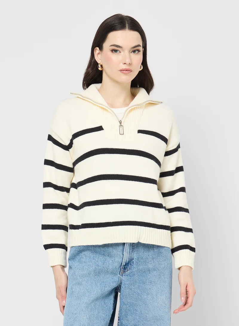 جينجر Half Zip Ribbed Stripe Sweater