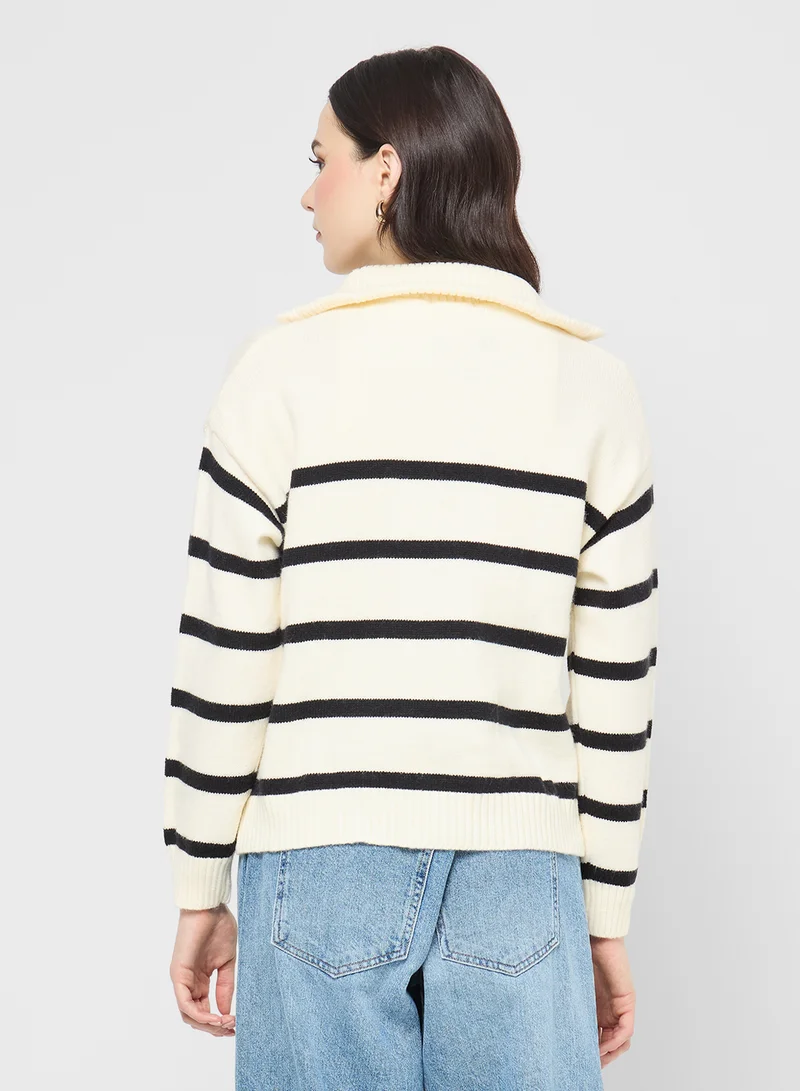 جينجر Half Zip Ribbed Stripe Sweater