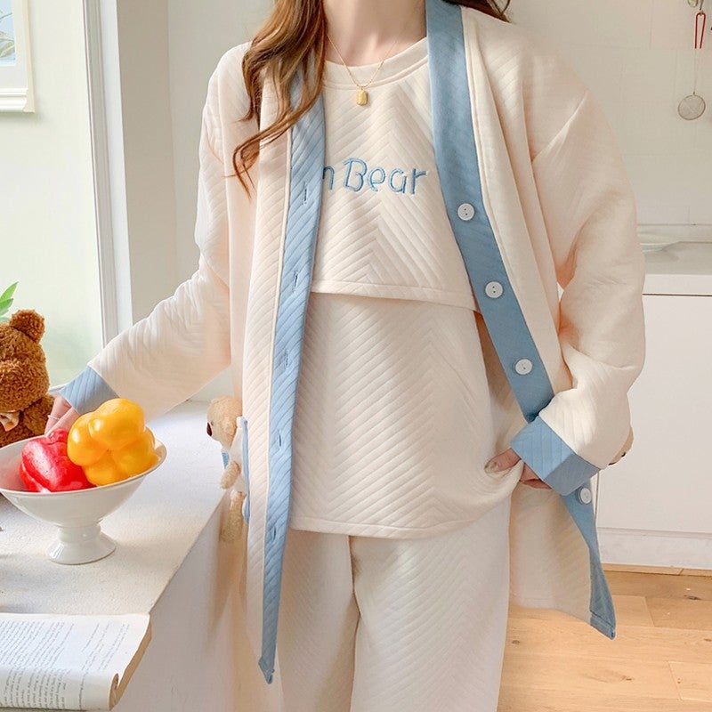 Spring Autumn Maternity Pajamas Set Nursing 855 letters cute bear three-piece set