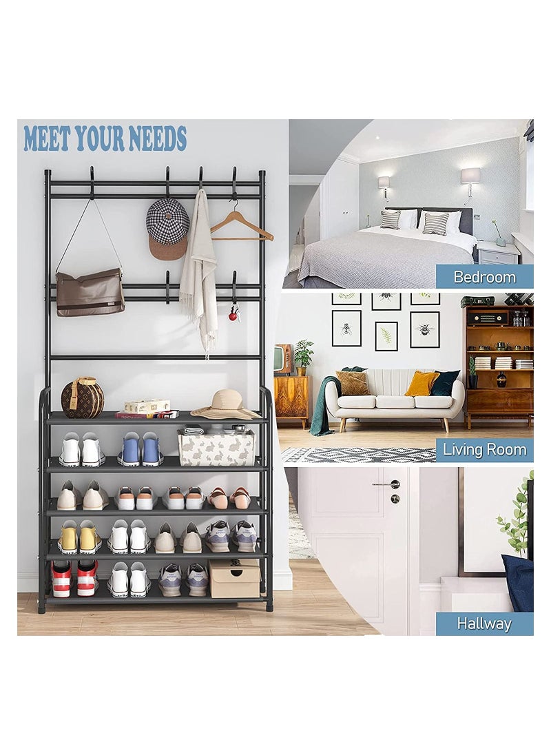DBLEW - Multifunctional Entryway Coat Rack 5 Tier 3 in 1 Hall Tree Shoes Bench with Keys Hat Umbrella Stand Storage Shelves with 8 Hooks Hanger 5 Bottom Layer Organizer - Image 1