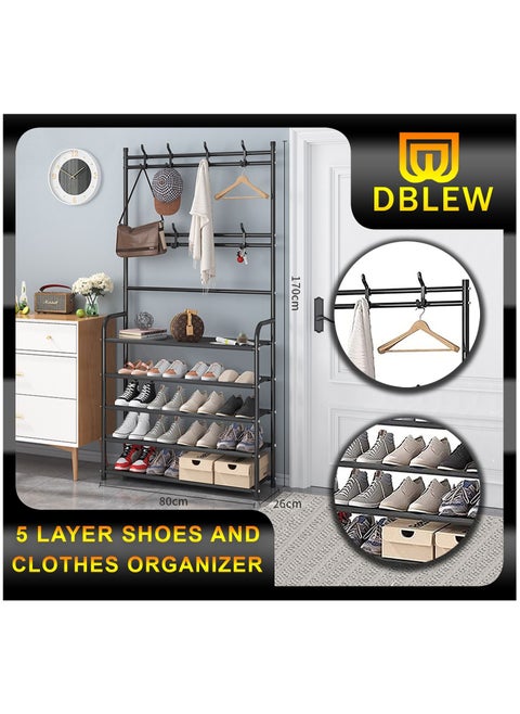 Multifunctional Entryway Coat Rack 5 Tier 3 in 1 Hall Tree Shoes Bench with Keys Hat Umbrella Stand Storage Shelves with 8 Hooks Hanger 5 Bottom Layer Organizer