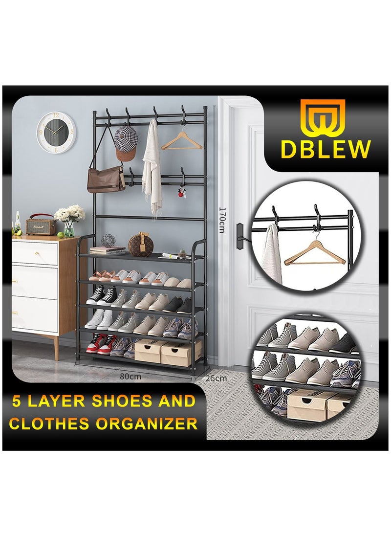 DBLEW - Multifunctional Entryway Coat Rack 5 Tier 3 in 1 Hall Tree Shoes Bench with Keys Hat Umbrella Stand Storage Shelves with 8 Hooks Hanger 5 Bottom Layer Organizer - Image 1