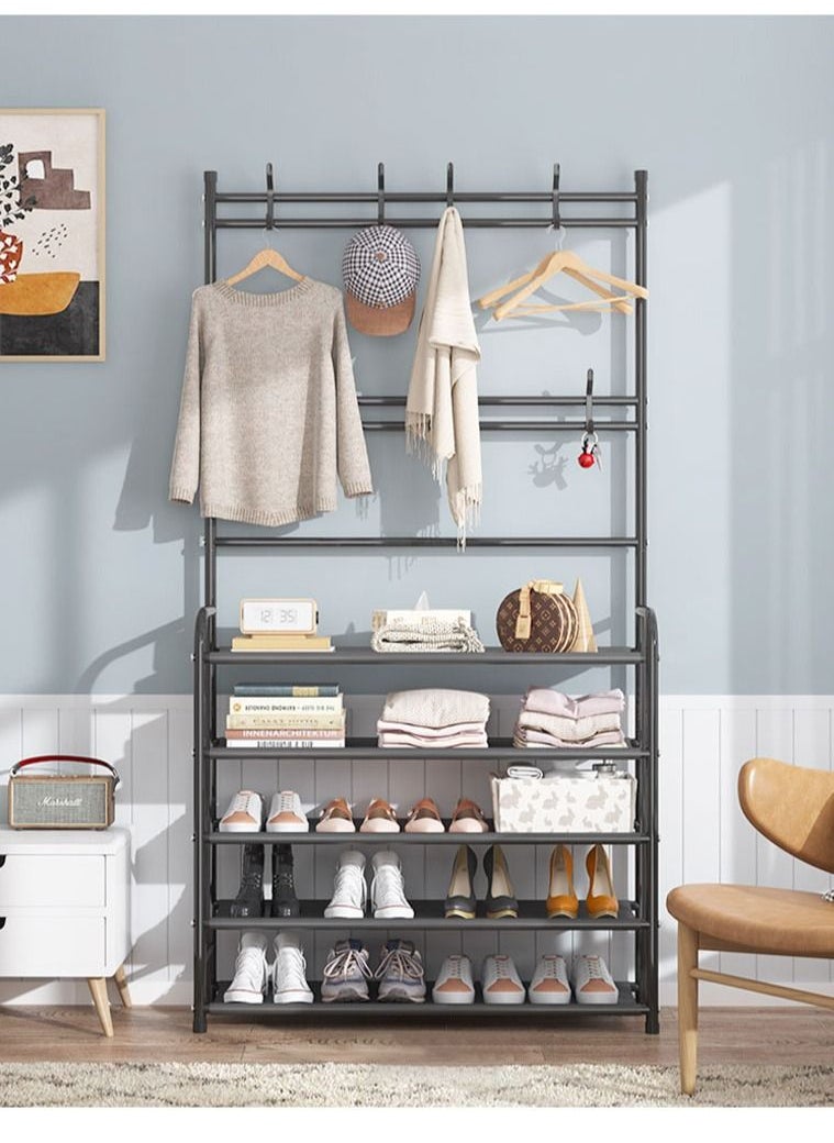 DBLEW - Multifunctional Entryway Coat Rack 5 Tier 3 in 1 Hall Tree Shoes Bench with Keys Hat Umbrella Stand Storage Shelves with 8 Hooks Hanger 5 Bottom Layer Organizer - Image 1