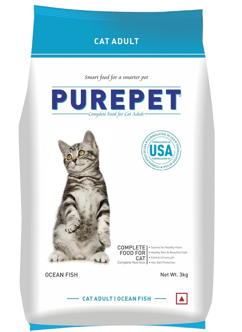 PUREPET Purepet Adult Dry Cat Food, Ocean Fish, 3 Kg | Complete & Balanced Nutrition, Taurine For Healthy Heart, Controls Urinary pH, Healthy Skin & Coat  - Image 1