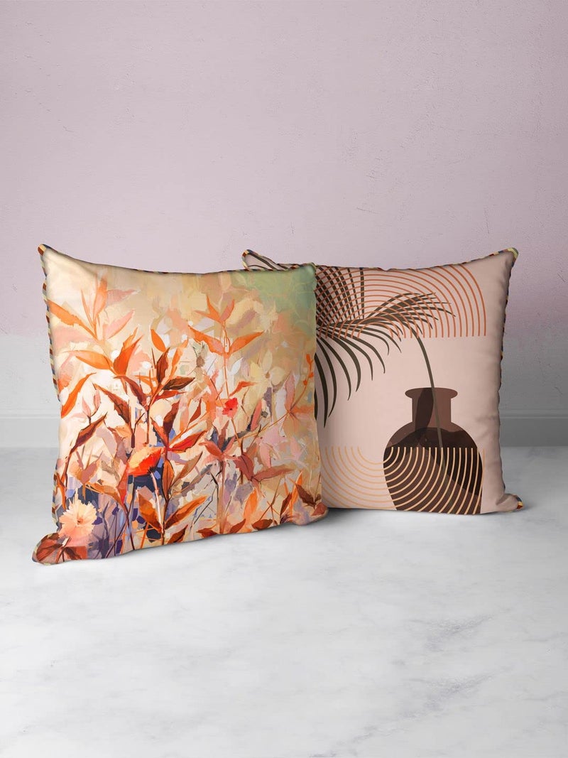 BIANCA Designer Reversible Printed Silk Linen Cushion Covers -2pc 16 X16 Set (Suzane) | with Contrast Front & Back Digital Print | - Hidden Zipper Floral-Abstract-Earthy/Beige - Image 1