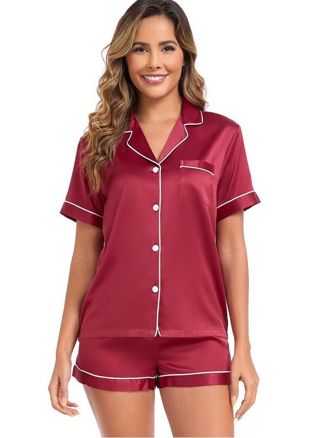 Serenedelicacy Women's Satin Pajama Set 2-Piece Sleepwear Loungewear Button Down Short Sleeve Silky PJ Set, Ruby Red, M - Image 1