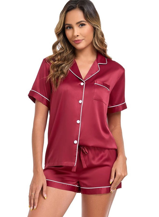 Serenedelicacy Women's Satin Pajama Set 2-Piece Sleepwear Loungewear Button Down Short Sleeve Silky PJ Set, Ruby Red, M - Image 5