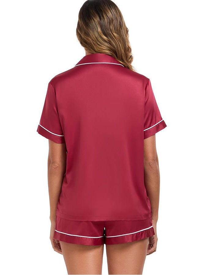 Serenedelicacy Women's Satin Pajama Set 2-Piece Sleepwear Loungewear Button Down Short Sleeve Silky PJ Set, Ruby Red, M - Image 2