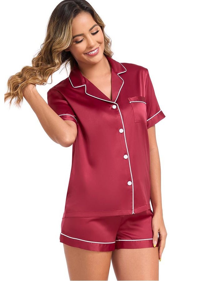 Serenedelicacy Women's Satin Pajama Set 2-Piece Sleepwear Loungewear Button Down Short Sleeve Silky PJ Set, Ruby Red, M - Image 3