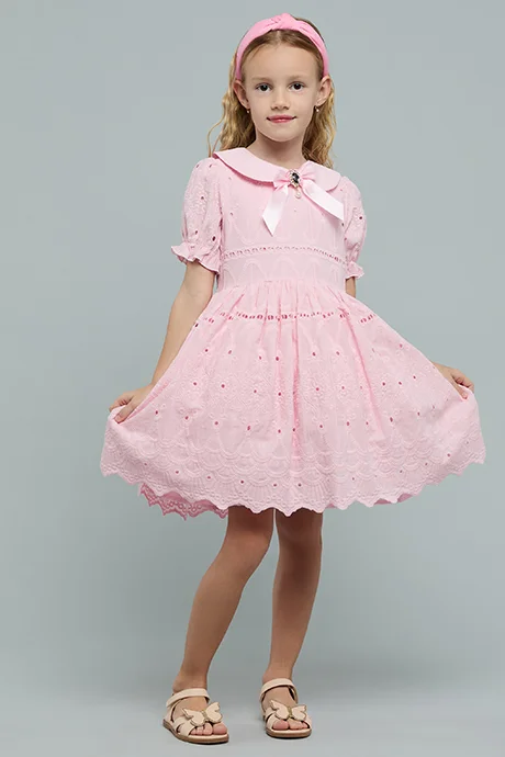 R&B Embroidered Dress with Peter Pan Collar and Puff Sleeves