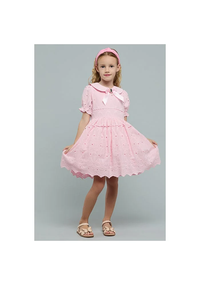 R&b Embroidered Dress with Peter Pan Collar and Puff Sleeves