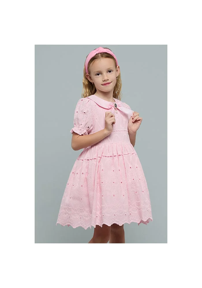 R&b Embroidered Dress with Peter Pan Collar and Puff Sleeves