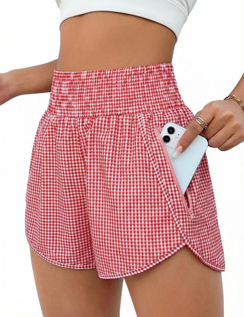 BMJL Women's Athletic Shorts High Waisted Running Short Pocket 2.5" Sporty Shorts Gym Elastic Workout Shorts(L,Red Plaid) - Image 1