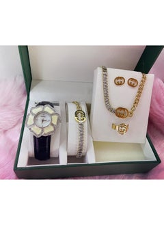 Women's White Gold Leather Strap Glamorous Collector Square Quartz Watch Set 5pcs Jewelry Set, For Daily Life