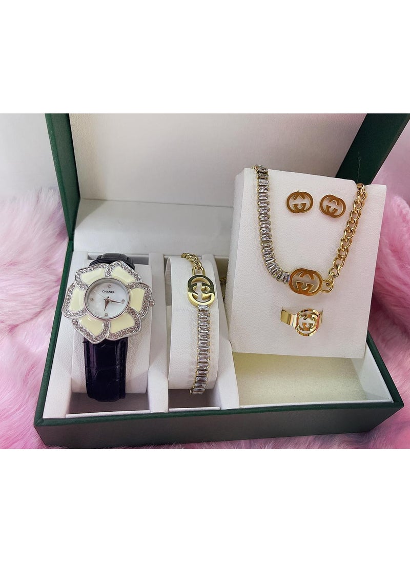 Madina - Women's White Gold Leather Strap Glamorous Collector Square Quartz Watch Set 5pcs Jewelry Set, For Daily Life - Image 1