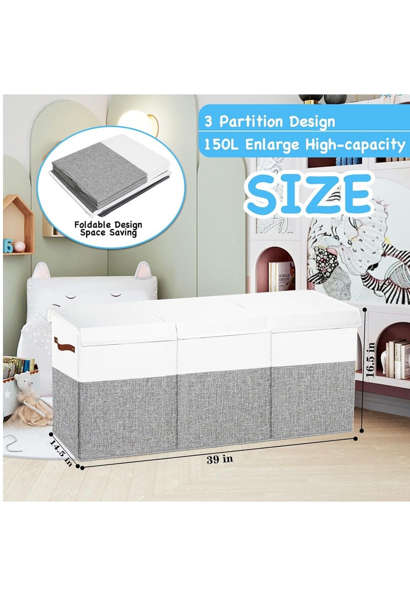 Alruht 150L Foldable Toy Storage Organizer with Lid and Divider, Clothing Box with Lids and Toy Storage Bins for Kids Playroom Nursery, Foldable Clothing Chest, Toy Organizer Box for Bedroom, Clothing Storage Box, Gray White - Image 2