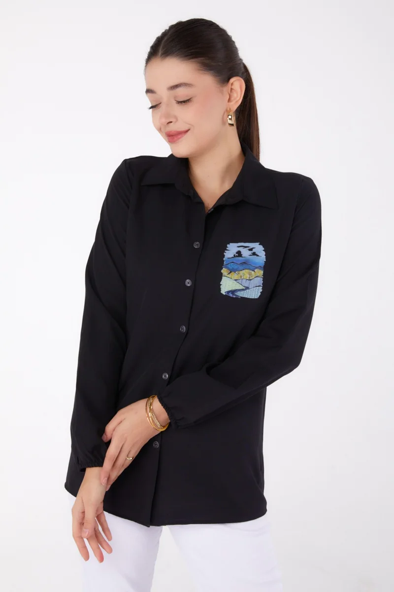 Tofisa Plain Shirt Collar Women's Black Printed Shirt - 13340