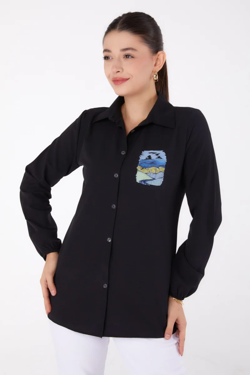 Tofisa Plain Shirt Collar Women's Black Printed Shirt - 13340