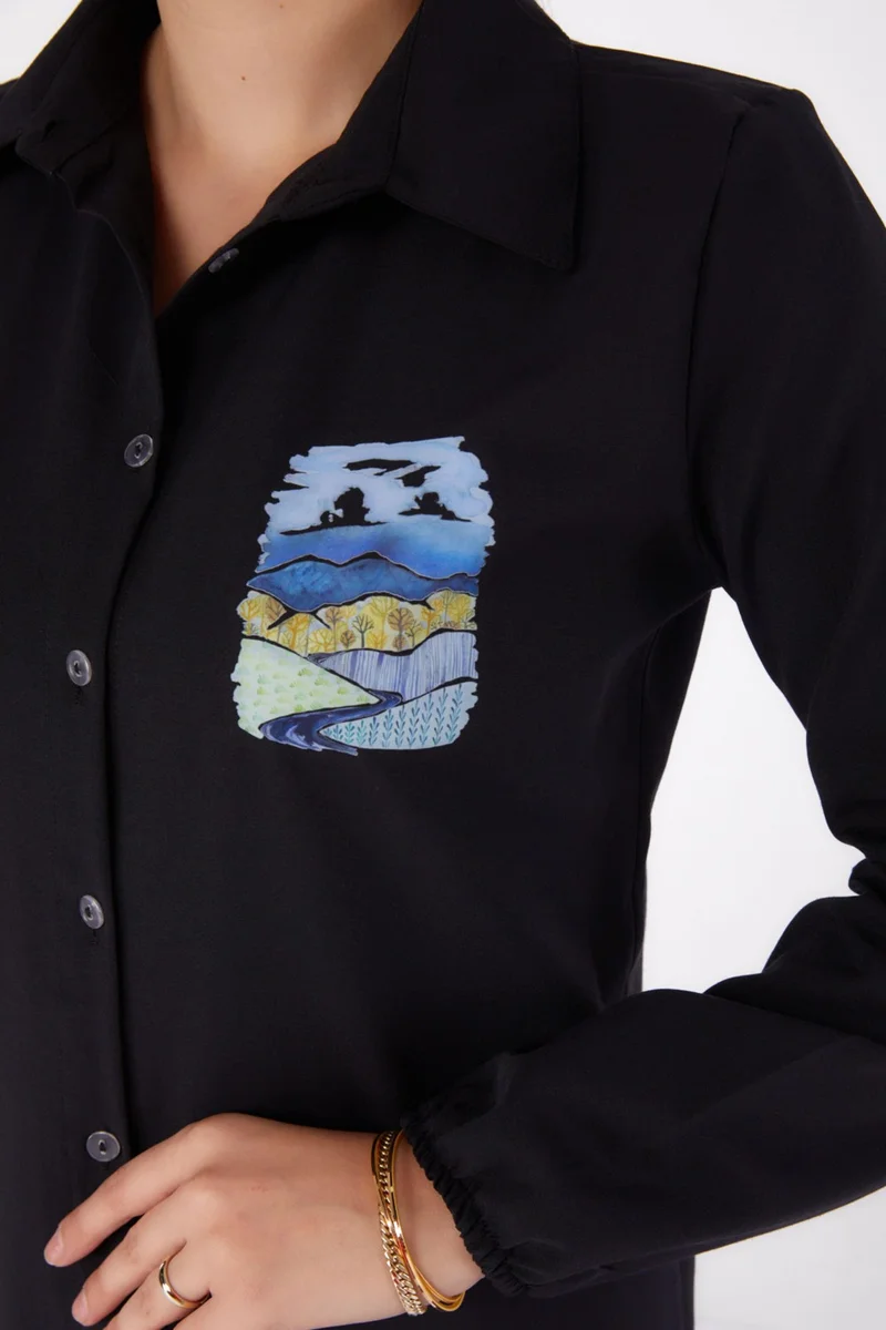 Tofisa Plain Shirt Collar Women's Black Printed Shirt - 13340