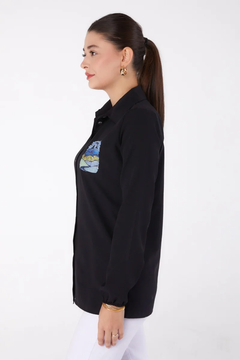 Tofisa Plain Shirt Collar Women's Black Printed Shirt - 13340